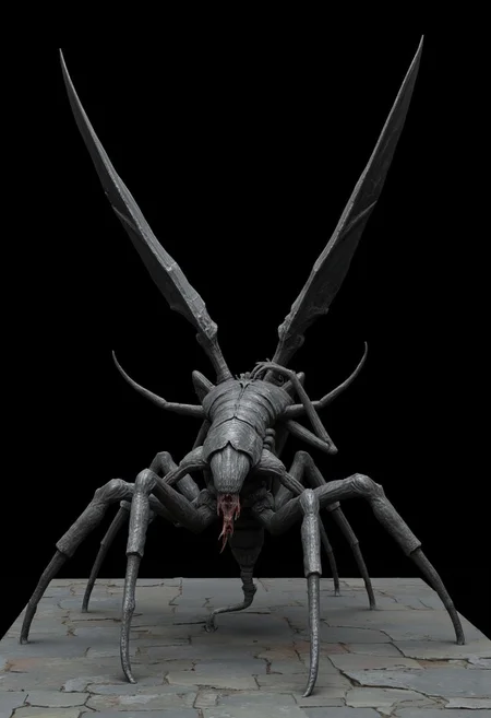 Angelic holy insect in a quadruped hybrid stance 
Standing on a flat gray ground  and black background, the camera angle is high rotated at a 45 degree angle
Set against a solid dark black color background to emphasize its unnatural form that emphasizes its silhouette. The medium is not a traditional painting or illustrative medium like watercolor or ink but rather a digital 3D rendering.
MikeFranchinastyle, bbstyle,, horror theme,, ZBClay model of a gray sculpture, zbrush, d4arks0uls, overcast lighting, jedioutfit