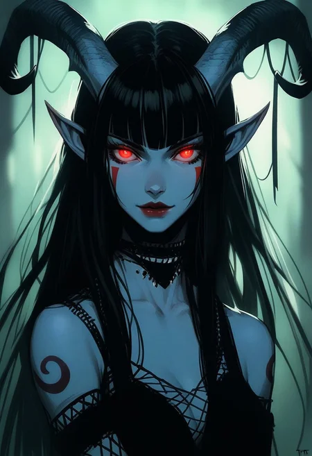 score_9, score_8_up, score_7_up, score_6_up, gthan, gthan, 1girl, gothic, portrait, beautiful, tiefling shaman, black hair, (long hair:1.3), side bangs, horns, barbarian, gladiator, war paint, tribal markings, long tail, blue skin, red lips, red eyes, glowing eyes, (smug:0.85), dramatic lights, detailed, sharp lines, dynamic, detailed drawing
