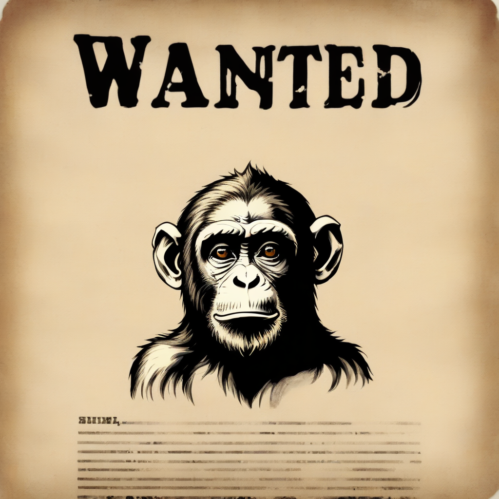 a text of  "WANTED" on the top, a monkey, <lora:VintagePunk:0.8>