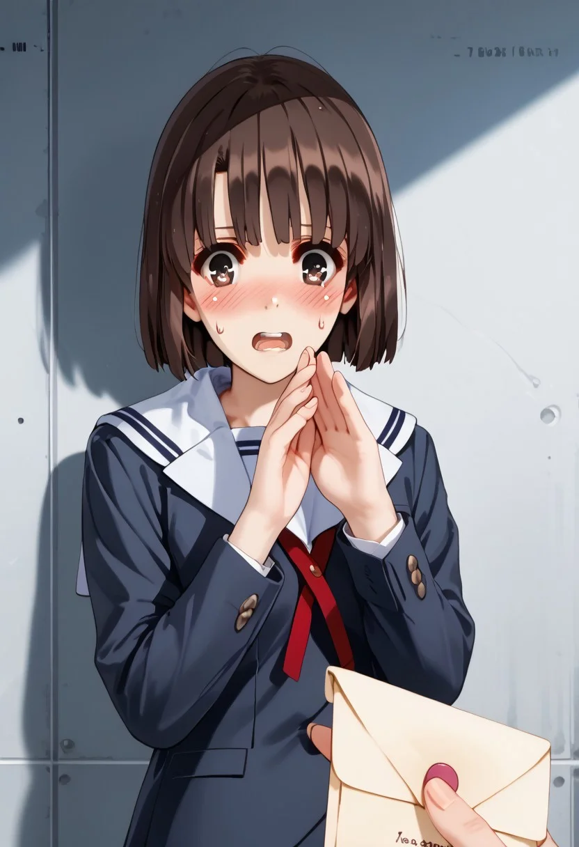 score_9, score_8_up, score_7_up, source_anime, <lora:Fixhands_anime_bdsqlsz_V1:1>, <lora:Expressive_H:0.62>, Expressiveh,
masterpiece, highres, ultra detailed, best quality, extremely detailed face, perfect lighting, 1girl, solo,
beautiful skin, shiny hair, shiny eyes, detailed eyes, megumi katou, brown hair, brown eyes, short hair, medium breasts, (blush:1.4),
standing, back against wall, embarrassed face, sweatdrop, brown eyes, bangs, open mouth, round teeth, open mouthe, school uniform,serafuku,sailor collar,pleated skirt,dark blue shirt,long sleeves, fingernails, solo focus, upper body, indoor, pov,
<lora:refusing pose_pony_V1.0:0.6>, refusing pose, hands up,BREAK,
letter, PovGifting, pov hands, holding letter, love letter