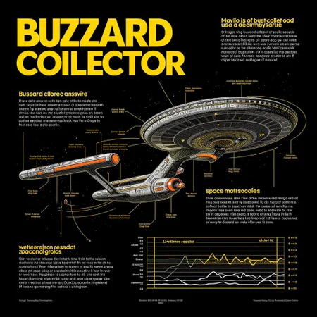 An infographic for (bussard collectors) as used on Star Trek spaceships. With an schematic of a bussard collector.
In bright, yellow golden bold lettering the title reads: "BUZZard collector"