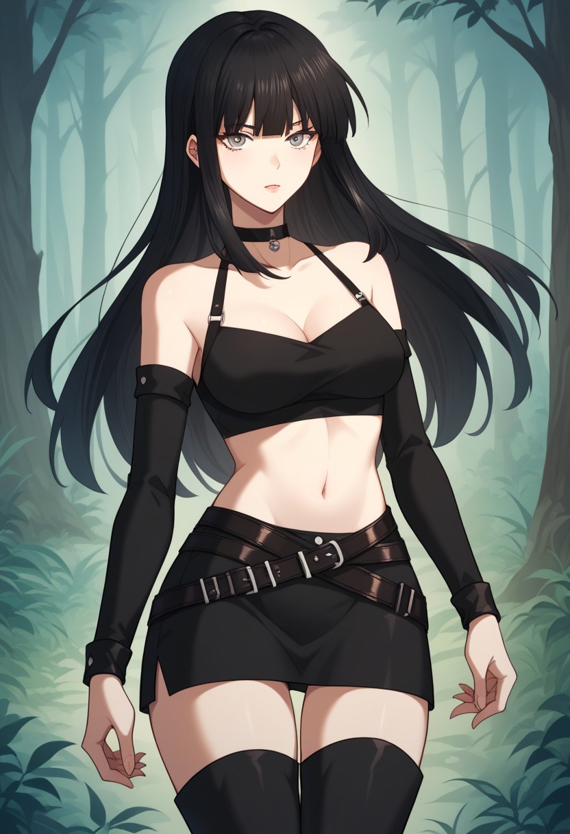 score_9, score_8_up, score_7_up, score_6_up, source_anime, Jianying, Jian2nd_clothing, grey eyes, black hair, long hair, choker, croptop, midriff, elbow gloves, miniskirt, belt, thighhighs, thigh boots, forest