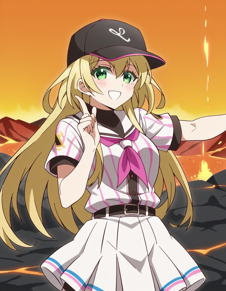 score_9, score_8_up, score_7_up, source_anime, <lora:yuki-nozaki-s1-ponyxl-lora-nochekaiser:1>, yuki nozaki, long hair, blonde hair, hair between eyes, green eyes, sidelocks,, skirt, shirt, hat, short sleeves, pleated skirt, striped, belt, sailor collar, neckerchief, black headwear, white skirt, baseball cap, vertical stripes, black belt, striped shirt, sportswear, vertical-striped shirt, baseball uniform,, volcano, lava, rock, fire, smoke, smile, <lora:hoshino-ruby-dance-ponyxl-lora-nochekaiser:1>, hoshino ruby dance, finger wagging, index finger raised, dancing, outstretched arm,, looking at viewer, solo,, dutch angle, cowboy shot