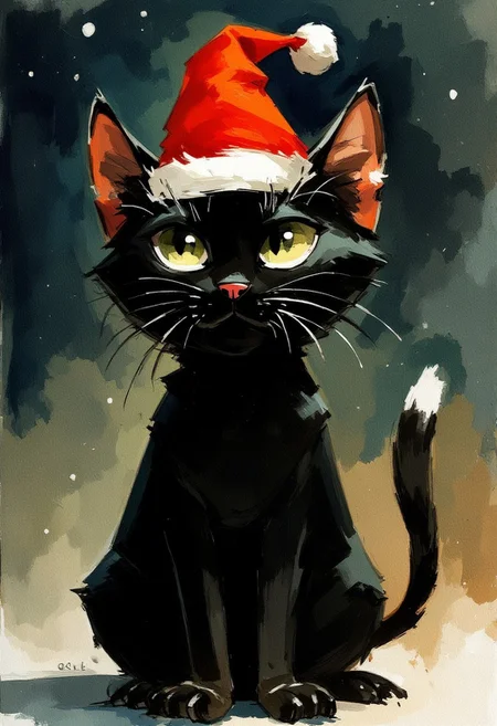 style by Yayoi Kusama, a little black cat,kodak photo style, illustration, chiaroscuro lighting,photo realism,in the style of Jed-clrfl,wearing a christmas hat,watercolor painting