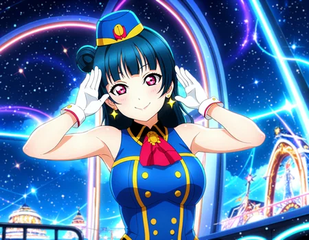 <lora:Koto-Umi-Riko-Shizu-Setsu-LLAS-LyCORIS-AnimagineXLV31-V16:0.3:0.8:lbw=LLAS-Other> <lora:yoshiko.pony:1:lbw=Character>
<lora:add-detail-xl:1.5> <lora:detailed_notrigger:1> <lora:hand 4:0.5:lbw=Hand>
<lora:artistic_amplifier_sdxl_a_webui:0.75:lbw=Artistic> <lora:satoukuukiXL_ANI31_lokr_V42310:0.75:lbw=StyleV1>
(score_9, score_8_up), score_7_up, source_anime, (masterpiece, absurdres, very aesthetic:1.4), best quality, newest, perfect anatomy, perfect lighting, (depth of field, blurry background:1.3) BREAK
(light particles, sparkle:1.3), (shiny skin, shiny clothes:1.3) BREAK
1girl, looking at viewer, (upper body:1.2) BREAK
(yoshiko:1.3), (partytrain:1.3) BREAK
big pupils, detailed eyes, (huge breasts, curvy, narrow waist), lips, light smile, closed mouth BREAK
(starry sky, milky way:1.3), night sky, cloud, flying train, neon lights