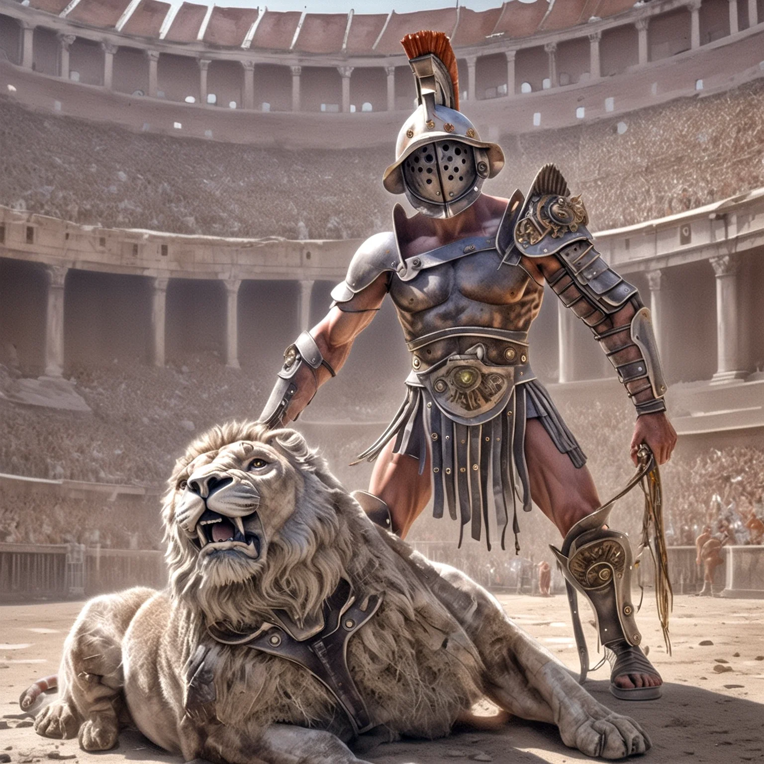 gladiator,helmet, (liquid illumination:1.4), (charming light:1.1),transparent porcelain, robot, synthetic, hyperrealistic,anatomical,cable electric wires,microchip,(cracked:0.45), (mechanical eyes:1.15) at colloseum rome, fighting with a lion,gladiator_style,exterm detailed, detailed background, ,