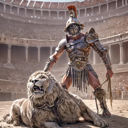 gladiator,helmet, (liquid illumination:1.4), (charming light:1.1),transparent porcelain, robot, synthetic, hyperrealistic,anatomical,cable electric wires,microchip,(cracked:0.45), (mechanical eyes:1.15) at colloseum rome, fighting with a lion,gladiator_style,exterm detailed, detailed background, ,