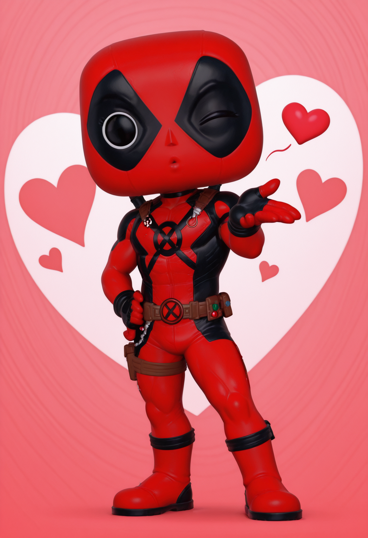 masterpiece, best quality, amazing quality,  funkopop, <lora:funkoPopIllustrious:1>, solo,
1boy, deadpool, blowing kiss, , heart shaped background, wink