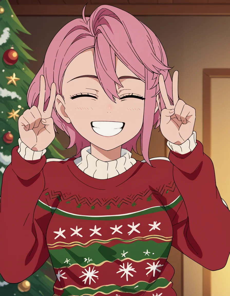score_9, score_8_up, score_7_up, source_anime, <lora:aira-shiratori-s1-ponyxl-lora-nochekaiser:1>, aira shiratori, short hair, bangs, hair between eyes, pink hair, pink eyes, medium breasts, anime screencap,, <lora:christmas-sweater-ponyxl-lora-nochekaiser:1>, christmas sweater, christmas, ugly sweater, print sweater, red sweater, christmas tree, christmas ornaments, sweater, multicolored sweater, , v, smile, hands up, teeth, closed eyes, cowboy shot,, , dutch angle, cowboy shot