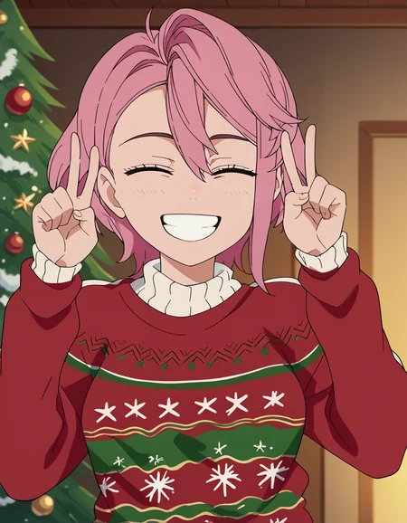 score_9, score_8_up, score_7_up, source_anime, <lora:aira-shiratori-s1-ponyxl-lora-nochekaiser:1>, aira shiratori, short hair, bangs, hair between eyes, pink hair, pink eyes, medium breasts, anime screencap,, <lora:christmas-sweater-ponyxl-lora-nochekaiser:1>, christmas sweater, christmas, ugly sweater, print sweater, red sweater, christmas tree, christmas ornaments, sweater, multicolored sweater, , v, smile, hands up, teeth, closed eyes, cowboy shot,, , dutch angle, cowboy shot