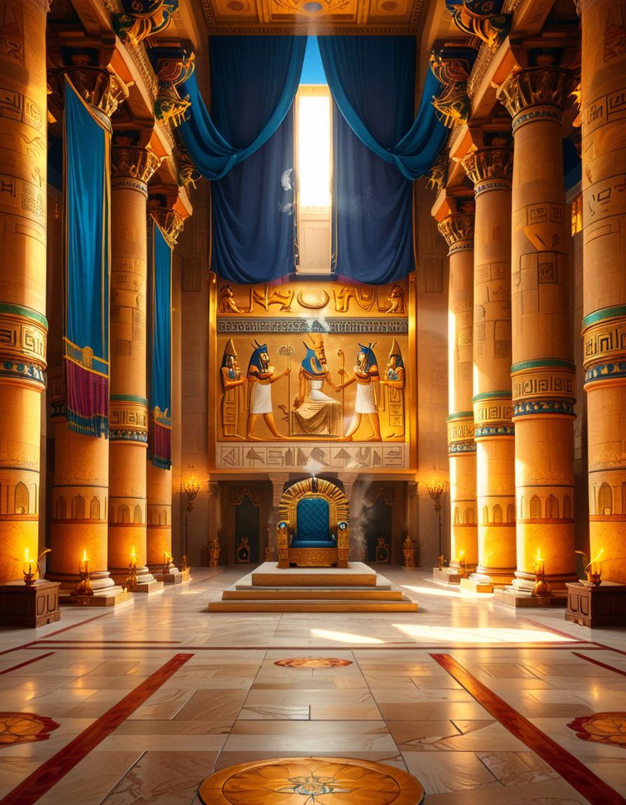 A grand and majestic ancient Egyptian throne room, illuminated by the warm glow of oil lamps and torches mounted on the intricately carved sandstone walls. The room is vast, with towering columns adorned with gold-inlaid hieroglyphs and bas-reliefs depicting gods such as Ra, Osiris, and Anubis, as well as scenes of royal ceremonies and offerings. The walls are covered with colorful frescoes, painted in deep shades of blue, red, and gold, telling the stories of ancient pharaohs and their divine rule.
At the center of the hall, an ornate golden throne rests atop a raised stone platform, accessible by a few steps. The throne is adorned with intricate carvings of winged sun disks, sacred cobras, and falcon motifs, symbolizing power and divine protection. The seat and backrest are encrusted with lapis lazuli, turquoise, and carnelian, creating a striking contrast against the polished gold. Two large stone statues of sphinxes flank the throne, their watchful eyes seeming to guard the empty seat of power.
The polished limestone floor reflects the flickering golden light of the torches, creating an almost mystical atmosphere. Large braziers shaped like lotus flowers release thin trails of fragrant incense smoke, adding to the sacred and mysterious ambiance of the room.
In the background, massive stone doors, partially open, reveal a glimpse of an open courtyard with palm trees and a distant view of the Nile River under a twilight sky. Through the high ceilings, small openings allow beams of moonlight to filter in, casting soft silver highlights across the chamber, blending with the warm tones of the torchlight.
The atmosphere is one of silence, mystery, and timeless majesty, as if the room has been left untouched for centuries, awaiting the return of a forgotten ruler.
<lora:SDXLFaeTastic2400:0.4> <lora:extremely_detailed:0.4> extremely detailed, <lora:ancient_Egyptian_thr0n3_r00m:1>,ancient Egyptian thr0n3 r00m, Masterpiece,best quality,hi res,8k,hi res,8k,award winning,(sharp focus, intricate, highly detailed),