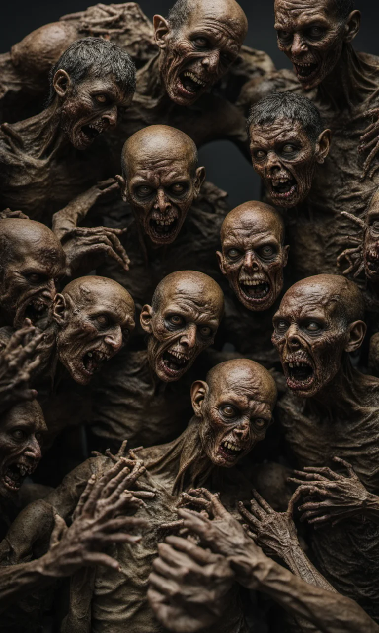 a sculpture made of moldy zombies bodies on a birthday party having fun with spiders larvas and miss world photorealistic, 8k, scifi, grimdark, neuromancer, scifi, death