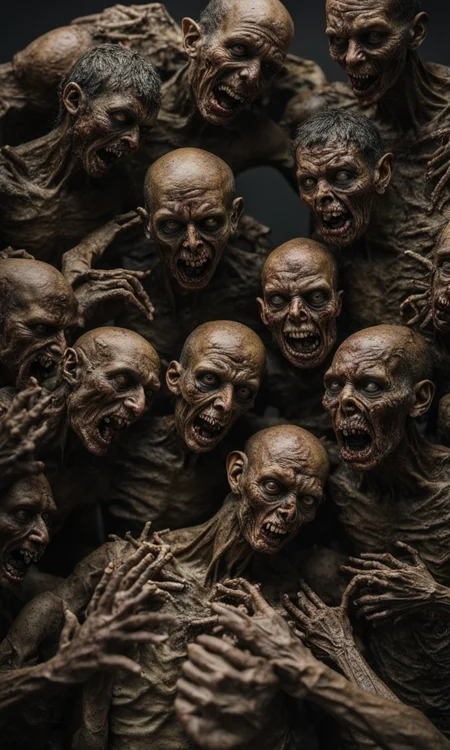 a sculpture made of moldy zombies bodies on a birthday party having fun with spiders larvas and miss world photorealistic, 8k, scifi, grimdark, neuromancer, scifi, death