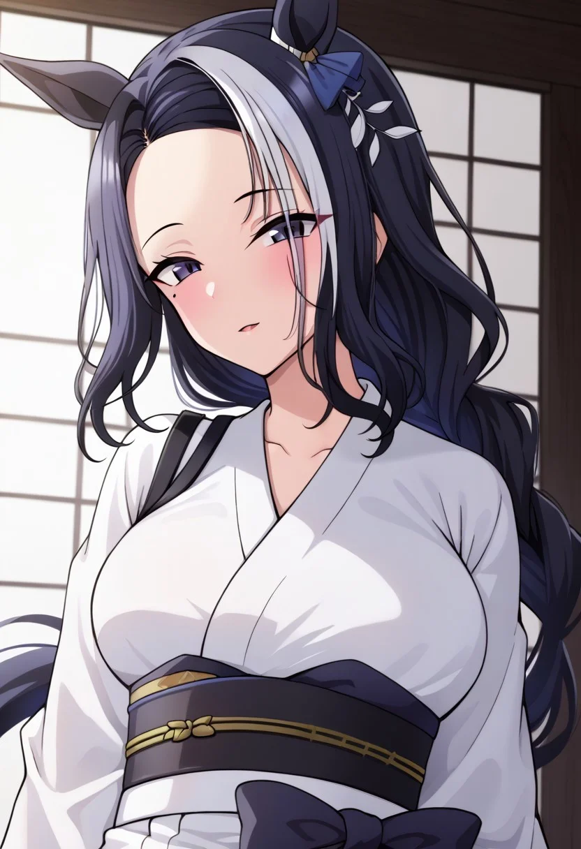 18 years old ,women,solo,1girl,nsfw,
rmnsd, horse girl, multicolored hair, streaked hair, ear ornament, mole under eye saimin.il,
saimin, tsubaki, white clothes, white kimono,
clothed girl, kimono,