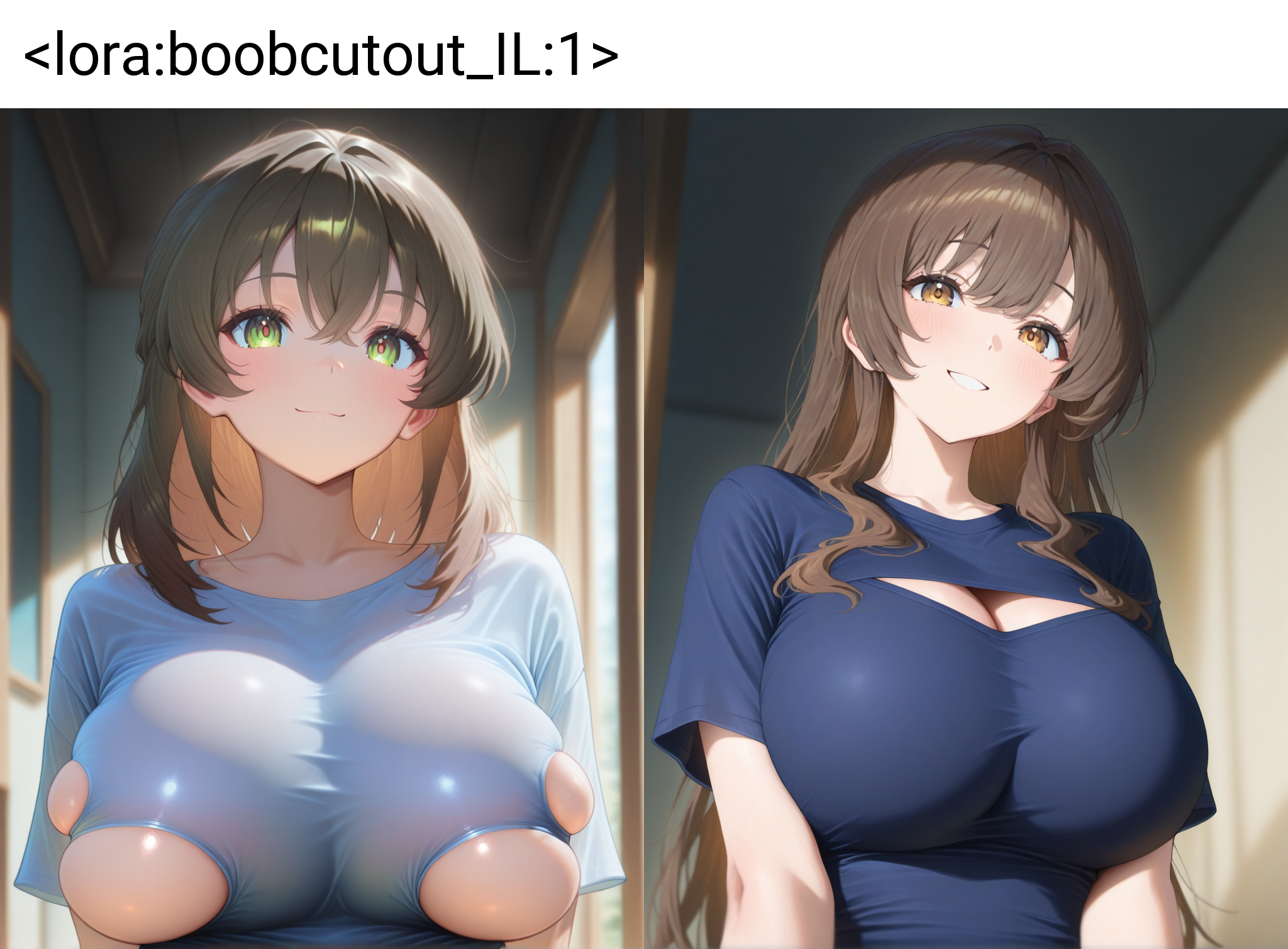 masterpiece,best quality,higres illustration,detailed face,1girl,<lora:boobcutout_IL:1>,boob cutout,smile,upper body,t-shirt,long brown hair,