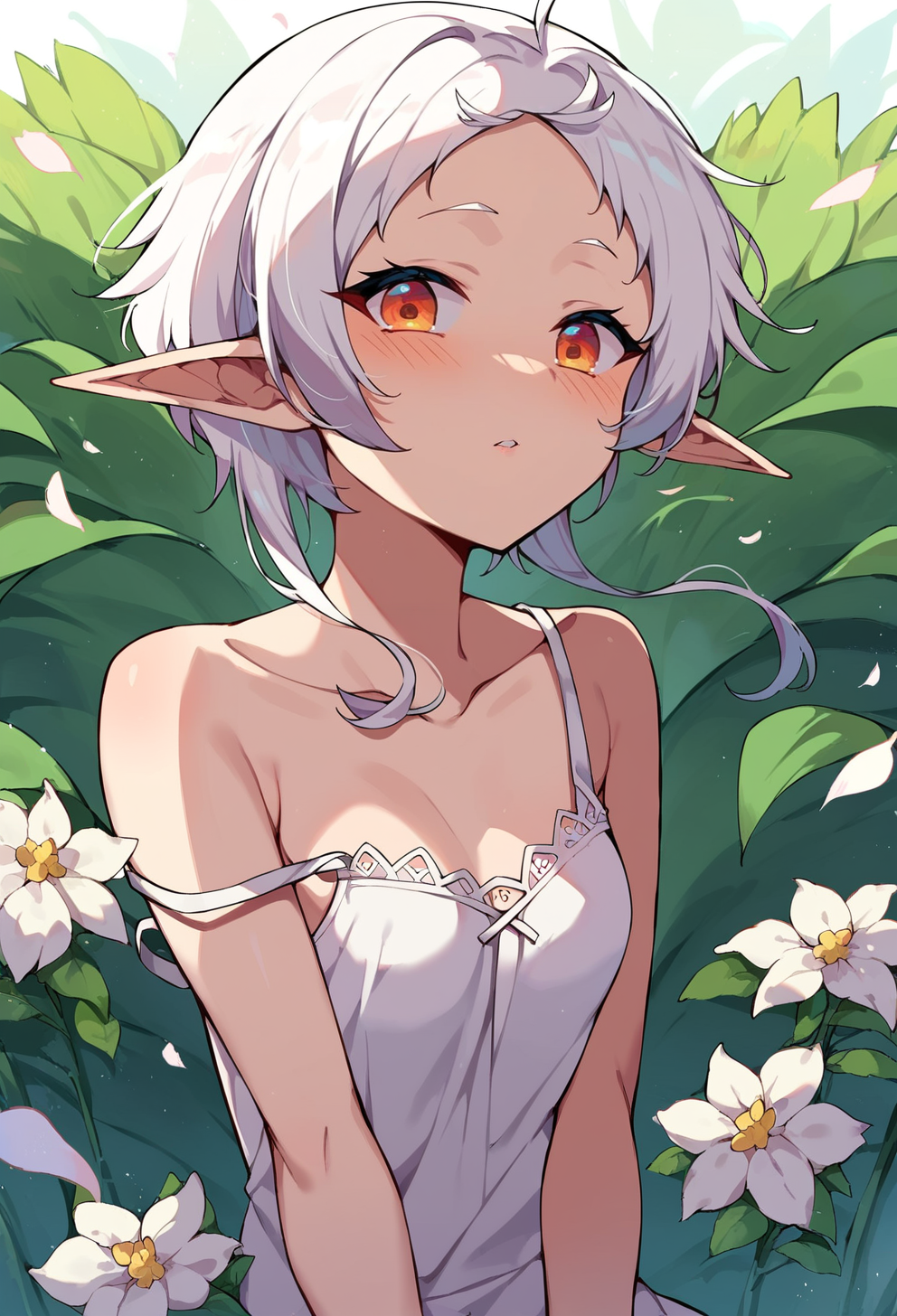 score_9, score_8_up, score_7_up, score_6_up, source anime, BREAK,
 <lora:sylphiette:1> eihplyspnxl, sylphiette \(mushoku tensei\),
1girl, pointy ears, solo, flower, looking at viewer, elf, sitting, short hair, small breasts, strap slip, white flower, parted lips, white camisole, seiza, bare shoulders, petals, blush, bottomless,
upper body, cowboy shot