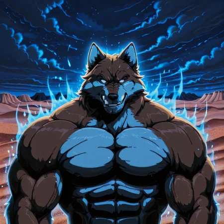 score_9, score_8_up, score_7_up, high quality, newest, perfect face, detailed background, intricate details, fantasy, dynamic, solo, furry, muscular male, wolf bodybuilder, annoyed, glowing, glowing eyes, blue aura, stubble, desert, night, scattered clouds, close-up on upper body,