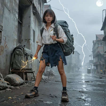 score_9,score_8_up,score_7_up, face, eyes, shiny oild skin, looking at viewer,  sweat, 
1girl,backpack,full body, tan skin,torn clothes,abandoned city, (holding  lightning bolt symbol:1.4), night, moon, 
 <lora:backpacking_pony:0.75>
