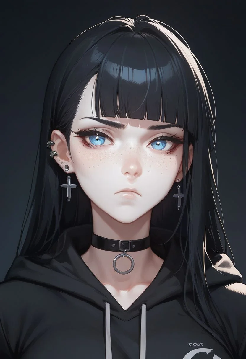 score_9, score_8_up, score_7_up, 1girl, solo, pale skin, black hair, long hair, straight smooth hair, blue eyes, blunt bangs, black hoodie, freckles, choker, long sleeves, slight frown, ear piercings, closed mouth, looking at viewer, dark background, upper body, 8k detail, Expressiveh,