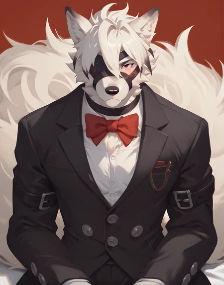 score_9, score_8_up, score_7_up, score_6_up,detailed, hi_res,solo, red_background,detail face, (big eyes:1.2),(red eyes:1.2),white shirt,harness ,chest harness,colorful, ultra detailed, high quality, press, abs,source_anime,good_hands ,score_furry, furry,business suit, detailed face, detailed eye, BREAK, horny face, solo, von lycaon, wolf anthro,big red eyes,detailed red eye, eye patch,black costume,happy, one eye covered,chestbands, pov,finger claws,(huge tail:1.2),white furr,white furr
,short face,short snout, armband, hot, broad sholders, huge tail,slim waist, (horny face,white shirt,(bow tie), pov,(business suit:1.4),arms crossed,huge male,slim waist,fangs,detailed face, detailed eye,((black suit:1.3),belts on tail,horny, slim waist,fluffy body, large male arms,male focus, dilf, muscle,pleasure face,the loving look),(blush face:1.2), , face, saliva,spit,collar)
<lora:VonLycaonPonyXL:0.9>
<lora:pony_good_hands:0.7>
<lora:WildcardX-XL-Detail-Enhancer:0.5> <lora:boring_sdxl_v1:1> <lora:add-detail-xl:1>
<lora:ZoroJ:0.36> <lora:StS_detail_slider_release_two_v3:2.2> <lora:chunie-Pony-XL-v6:0.34> <lora:Expressive_H:1> <lora:syurof:0.36> <lora:Eyes_Lora_Pony_Perfect_eyes:0.31> eye_focus, close-up, solo, looking_at_viewer <lora:ponyxl_zackary911_style_v1:0.35> <lora:Meesh_Style_PonyXL:0.2> <lora:von_lycaon:0.2> <lora:PerfectEyesXL:0.2>