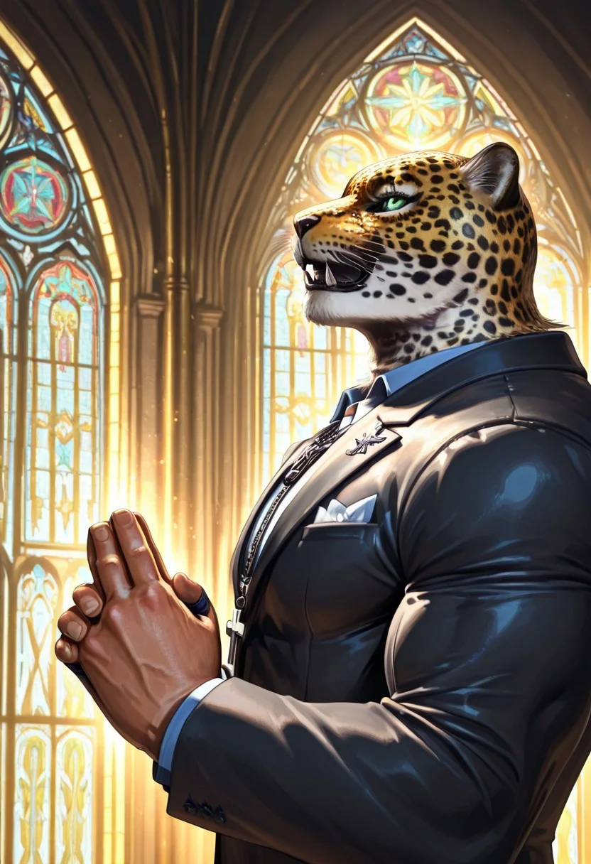 8k, highest quality, high detail, masterpiece, best quality, source_anime, anime, detailed eyes, 1boy, muscular, bara, king_tekken, jaguar mask, green eyes, black suit, cross necklace, in church, praying, ray of light, side view, looking up at stained glass