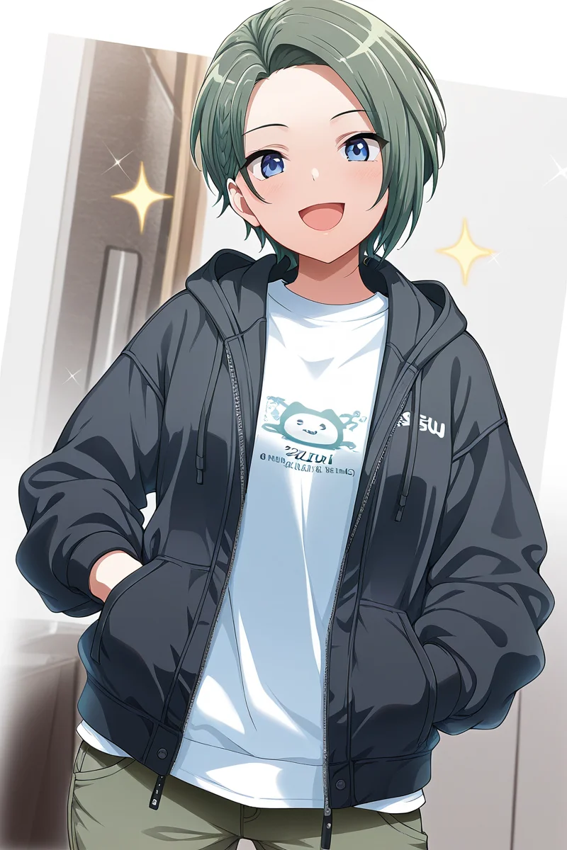 masterpiece, best quality, amazing quality,
 <lora:Suzu_IL:1> suzu, 1girl, solo, short hair, open mouth, smile, shirt, hood, blue eyes, white shirt, jacket, pants, looking at viewer, hand in pocket, open clothes, black jacket, :d, sparkle, green hair, hoodie