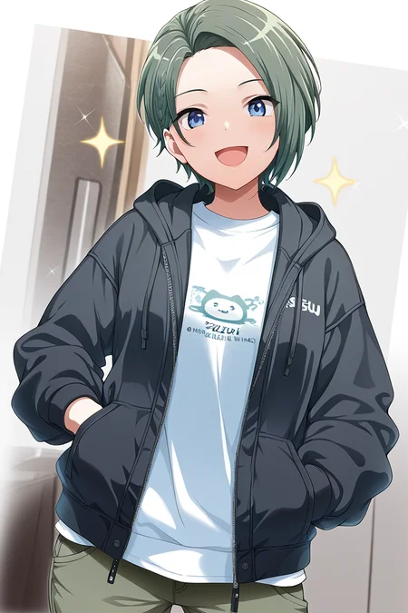 masterpiece, best quality, amazing quality,
<lora:Suzu_IL:1> suzu, 1girl, solo, short hair, open mouth, smile, shirt, hood, blue eyes, white shirt, jacket, pants, looking at viewer, hand in pocket, open clothes, black jacket, :d, sparkle, green hair, hoodie