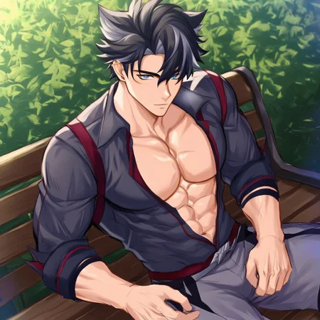 muscular, pectorals, 1boy, blue eyes, abs, sitting down, on a park bench, (((solo))), multicolored hair, black hair, gray hair, clothed