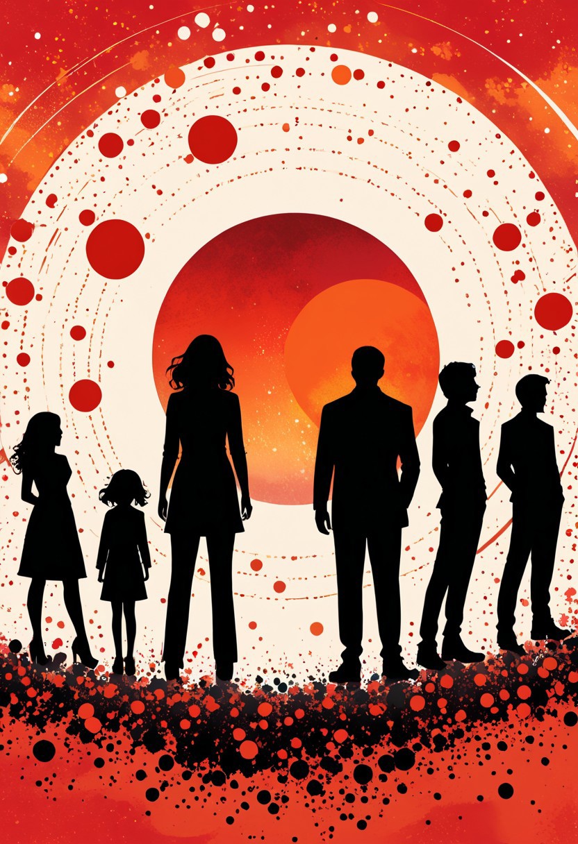 silhouettes of a family standing together, minimalist composition, ink splatter effect, abstract background with scattered dots and cosmic patterns (black:0.8), red sun glowing behind the figures (red:1.2), planets and celestial bodies orbiting around (celestial:1.0), subtle symbolic unity theme, black and orange color palette (orange:1.0), modern design with a sense of movement (movement:1.2), elements arranged in a dynamic, abstract layout, blending of ink textures with cosmic motifs (cosmic:0.9), strong contrast between light and shadow BREAK silhouettes sharp and clean (silhouettes:1.3), red sun soft glow radiating outward (red sun:1.2), splattered ink creating motion (ink splatter:1.1)