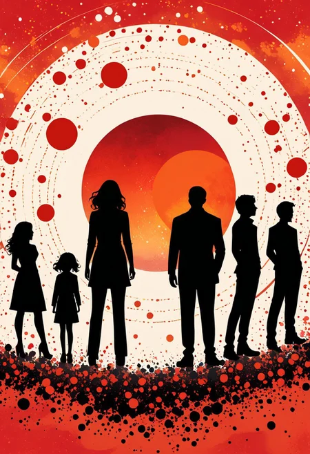 silhouettes of a family standing together, minimalist composition, ink splatter effect, abstract background with scattered dots and cosmic patterns (black:0.8), red sun glowing behind the figures (red:1.2), planets and celestial bodies orbiting around (celestial:1.0), subtle symbolic unity theme, black and orange color palette (orange:1.0), modern design with a sense of movement (movement:1.2), elements arranged in a dynamic, abstract layout, blending of ink textures with cosmic motifs (cosmic:0.9), strong contrast between light and shadow BREAK silhouettes sharp and clean (silhouettes:1.3), red sun soft glow radiating outward (red sun:1.2), splattered ink creating motion (ink splatter:1.1)