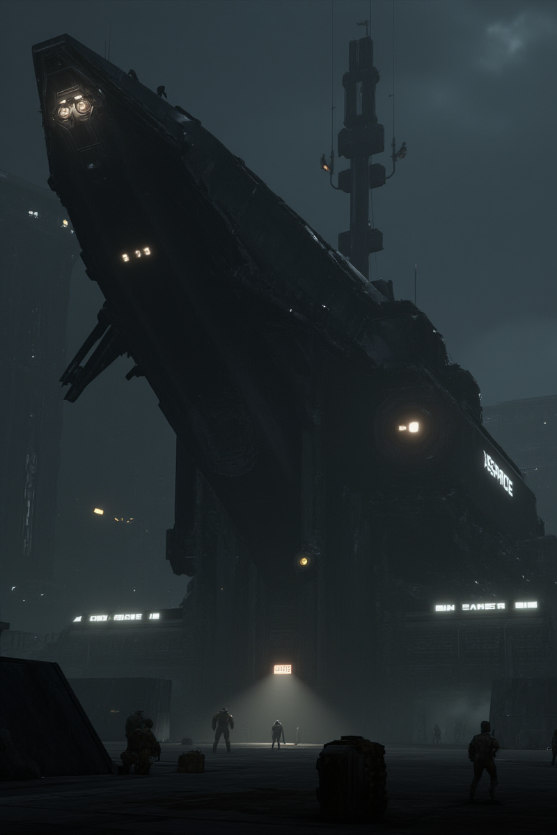 3DGame,The image portrays a futuristic scene dominated by a large,imposing spacecraft named "XSPACE," which is docked at a spaceport or a similar facility. The vessel has a dark,metallic appearance with sharp angles and a robust structure,suggesting it is designed for resilience and possibly for military or heavy-duty purposes. The spacecraft's design is intricate,with various panels,lights,and mechanical details that indicate advanced technology.,
The setting is shrouded in a mist or fog,which adds a sense of mystery and atmosphere to the scene. The lighting is dim,with some areas illuminated by artificial lights,creating a contrast between light and shadow that highlights the spacecraft's features. The environment appears to be industrial,with metal structures and platforms visible around the spacecraft.,
Several figures can be seen on the platform near the spacecraft. These individuals are small in comparison to the massive size of the ship,emphasizing its scale and grandeur. They appear to be crew members or technicians,possibly preparing for the ship's departure or conducting maintenance.,
The overall mood of the image is one of anticipation and readiness,as if the spacecraft is about to embark on a significant mission. The dark tones and the foggy atmosphere create a sense of tension and excitement,inviting viewers to imagine the adventures that await the crew of the XSPACE. The image is rich in detail and evokes a sense of wonder about the possibilities of space travel and exploration in a future setting.,
