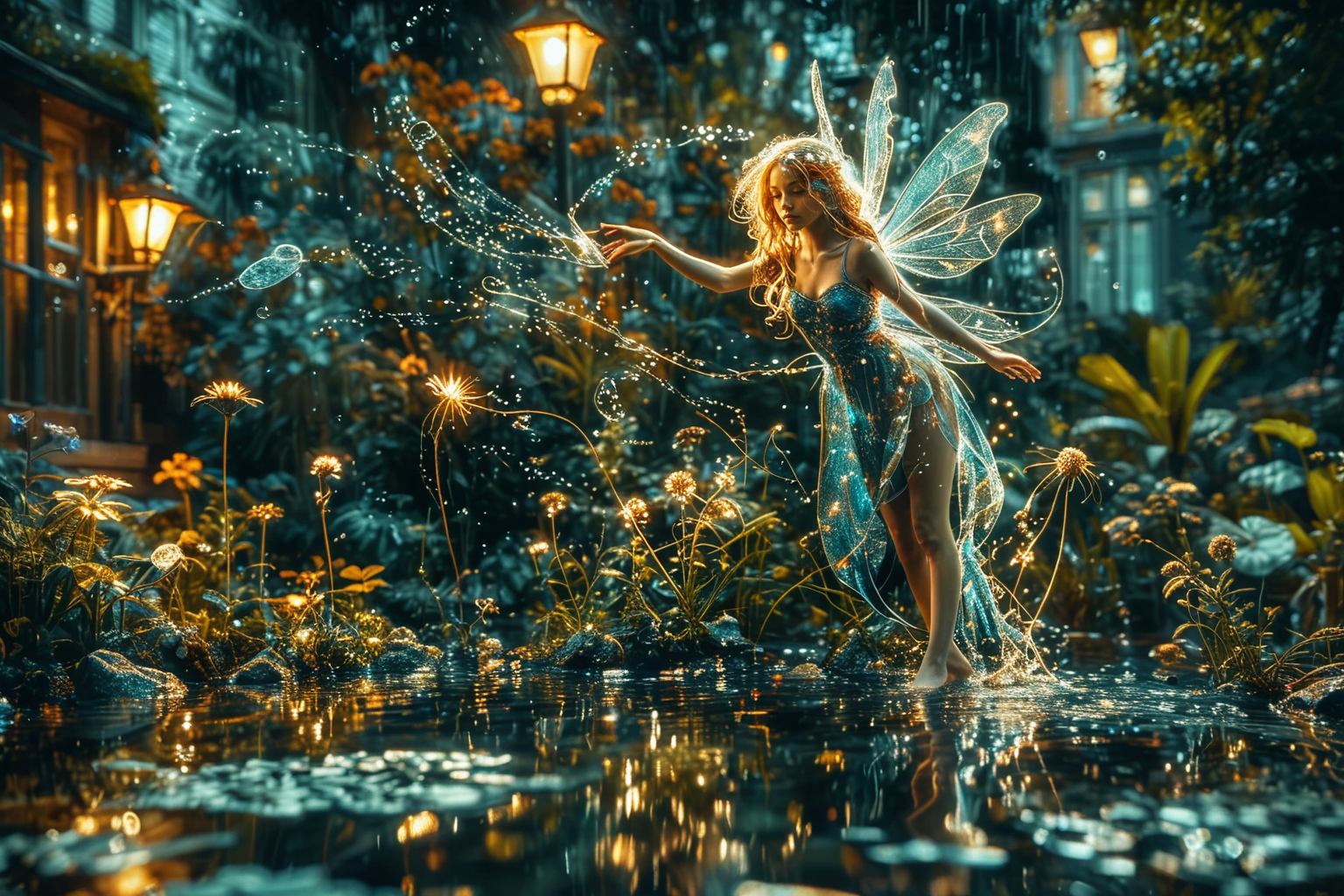 Close up photo of a ((water fairy)) gliding over a pond in a garden, reflections in the water, night scene. n the style of double exposure, Art Nouveau, long exposure, layered lines, chiaroscuro, the best quality, masterpiece, absurdres, Long_Exposure ral-exposure, i <lora:ral-exposure-sdxl:0.700000>