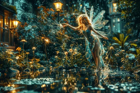 Close up photo of a ((water fairy)) gliding over a pond in a garden, reflections in the water, night scene. n the style of double exposure, Art Nouveau, long exposure, layered lines, chiaroscuro, the best quality, masterpiece, absurdres, Long_Exposure ral-exposure, i <lora:ral-exposure-sdxl:0.700000>
