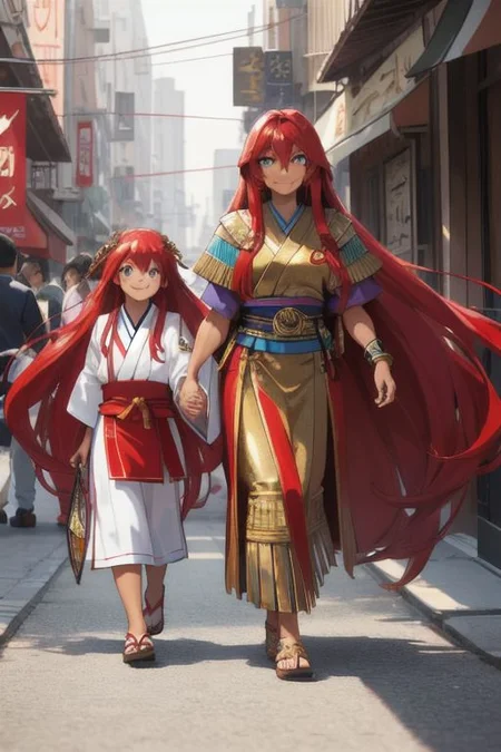 masterpiece, best quality, ultra realistic, 8k uhd, very high quality, extremely detailed face, very muscular Egyptian-Japanese woman walking and holding hands with a young girl, woman and young girl walking and holding hands, smiling and happy, (extremely dark caramel skin:1), bright blue eyes, absurdly long ruby red hair, super long ruby red hair, muscles, city environment