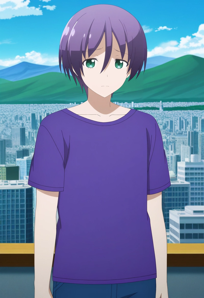 masterpiece, best quality, intricate details, anime screencap, anime coloring, official style,, 1boy, solo, male focus, <lora:nasa_yuzaki_ilxl:0.92>, nasa_yuzaki, purple hair, green eyes, short hair, hair between eyes, , cowboy shot, mountaintop city, day, clouds, arm at side, sad,
