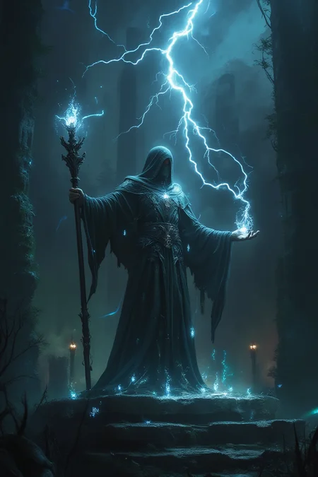 Abstract Lighting Effects, Hyperrealism, Midjourney Style, Photorealism, Cinematic, High Fidelity, Realism, Light Play,
cinematic film still Create a powerful fantasy scene featuring an ancient sorcerer. The sorcerer, draped in long, flowing robes adorned with arcane symbols, stands atop a stone platform in the middle of a mystical ruin. They hold a staff topped with a glowing crystal, casting a powerful spell that creates swirling magical energy around them. The ruins are surrounded by a dark, enchanted forest, with glimpses of strange creatures in the shadows. The sky is dark and stormy, with flashes of lightning illuminating the scene. The composition should exude a sense of ancient power and mystical intensity. photography, Natural geographic photo, Hyper-realistic, 16k resolution, (masterpiece, award winning artwork), many details, extreme detailed, full of details, Wide range of colors, high Dynamic