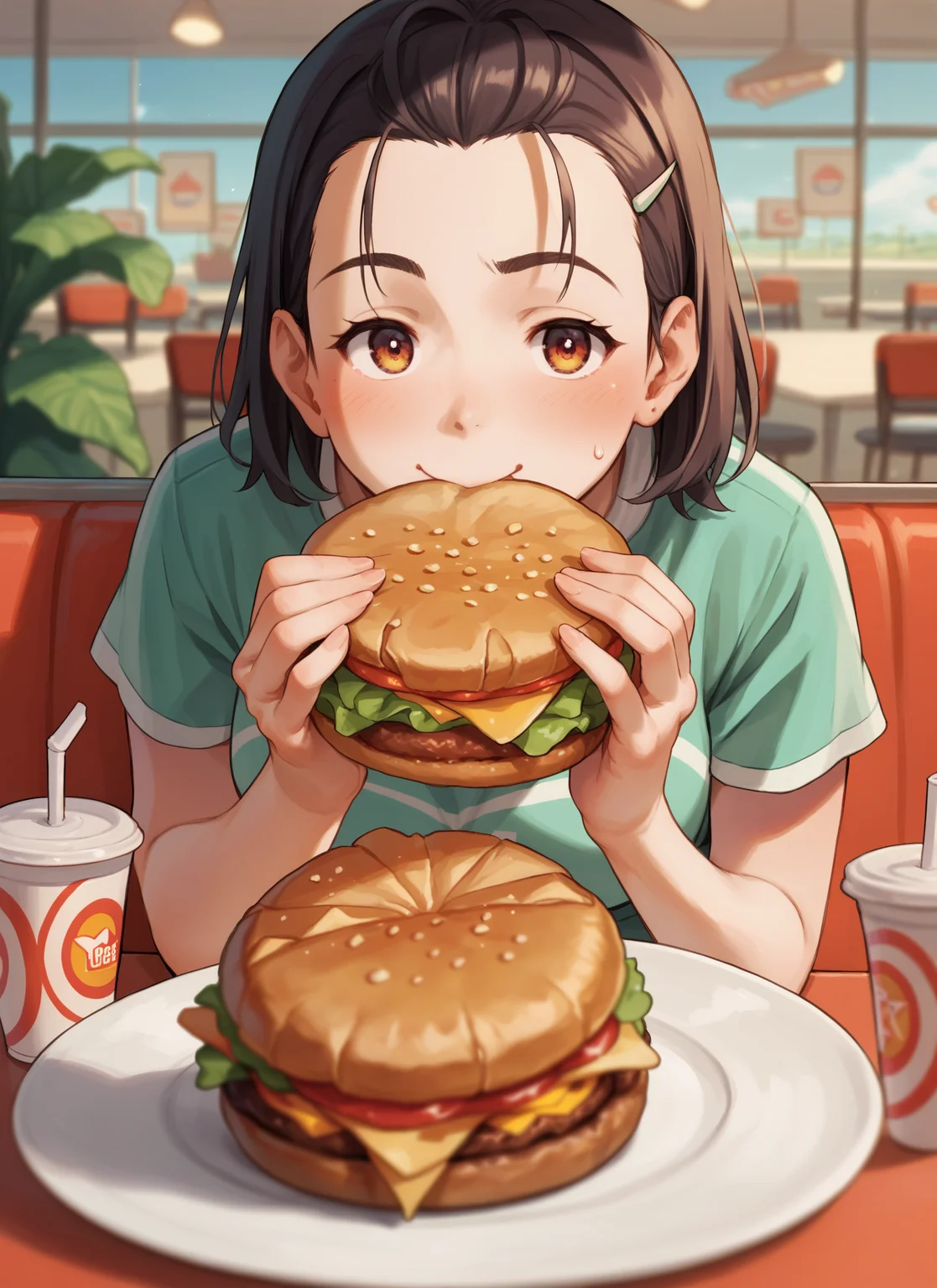 1girl, solo, burger, score_9, score_8_up, score_7_up, <lora:naruko_hanaharu_Pony_dim32:0.8>