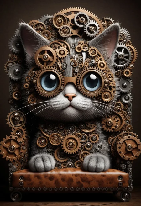 masterpiece, best quality, absurdres, cute mechanized chibi cat made out of gears, cute eyes, comy sofa background, funny theme