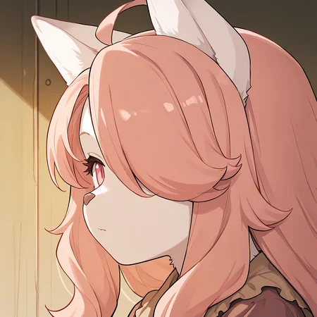 BREAK, <lora:Hanna_Fondant:1>, hanna fondant, fuga: melodies of steel, kemono, furry female, young female, 1girl, cat girl, white fur, pink eyes, pink hair, long hair, ahoge, hair over one eye, animal ears, cat ears, cat tail,
BREAK, Fuga 1 Outfit, brown dress,
BREAK, (solo), face focus, close-up, looking away, side view