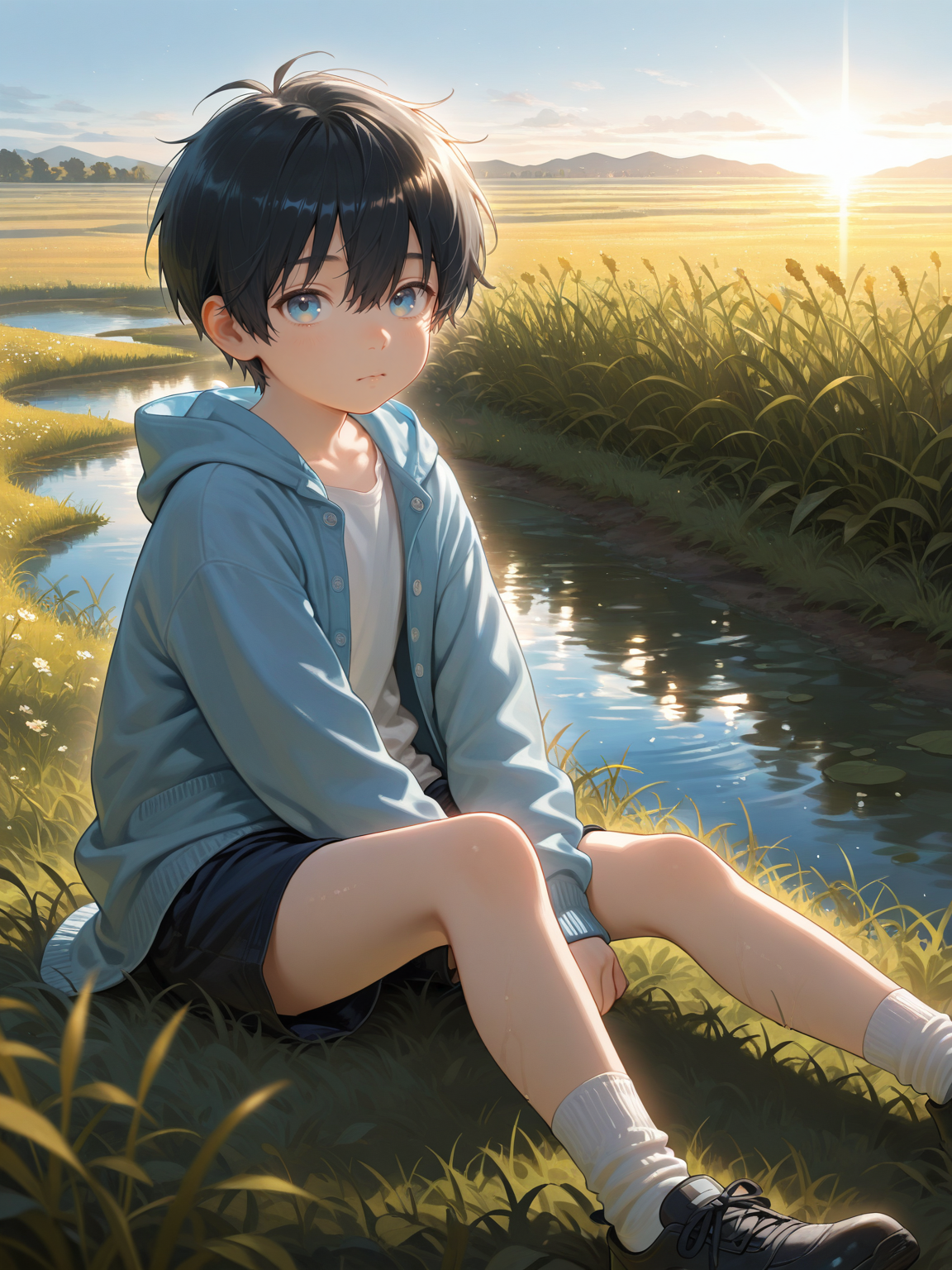 1boy,aged down,solo,short,black hair,hair between eyes,blue eyes,multicolored_eyes,cardigan,shorts,white socks,shoes,sitting,looking at viewer,meadow,sky,day,cinematic lighting,IllusP0s,illustration,artbook,outline,<lora:aidmaFLuxPro1.1_v0.3_IL:0.25>,<lora:ai_styles_collection_noob_vpred-1.0-v6-edm2-pass:0.3>,<lora:akicocolo:0.7>,