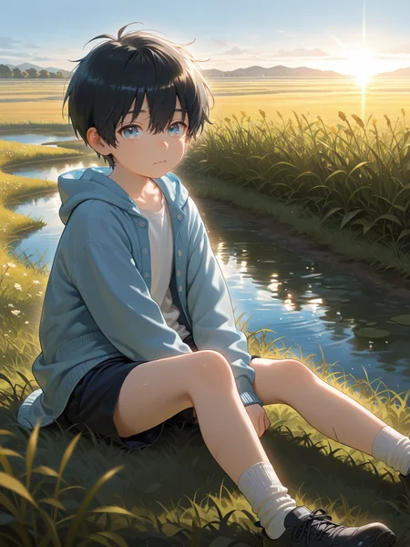 1boy,aged down,solo,short,black hair,hair between eyes,blue eyes,multicolored_eyes,cardigan,shorts,white socks,shoes,sitting,looking at viewer,meadow,sky,day,cinematic lighting,IllusP0s,illustration,artbook,outline,<lora:aidmaFLuxPro1.1_v0.3_IL:0.25>,<lora:ai_styles_collection_noob_vpred-1.0-v6-edm2-pass:0.3>,<lora:akicocolo:0.7>,