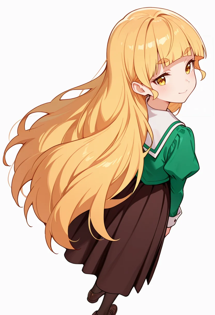 masterpiece,high quality details,absurdres,
<lora:Shiraki_Hime:0.8>
hime_cnr, 1girl, blonde hair, very long hair, yellow eyes, blunt bangs, thick eyebrows,
hime_s1,green shirt, white sailor collar, serafuku,long skirt,black-brown skirt, juliet sleeves,pantyhose, loafers,, simple background, white background, from behind,solo,, ;),