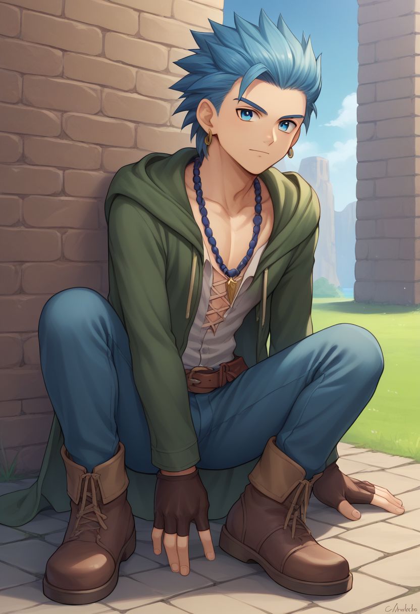 score_9, score_8_up, score_7_up, source_anime, highly detailed, 1boy, solo, male_focus, half body,
erik, solo, 1boy, male focus, jewelry, earrings, blue hair, necklace, gloves,
fingerless gloves, blue eyes, pants, spiked hair, full body, brown gloves,
brown footwear,
outdoor,