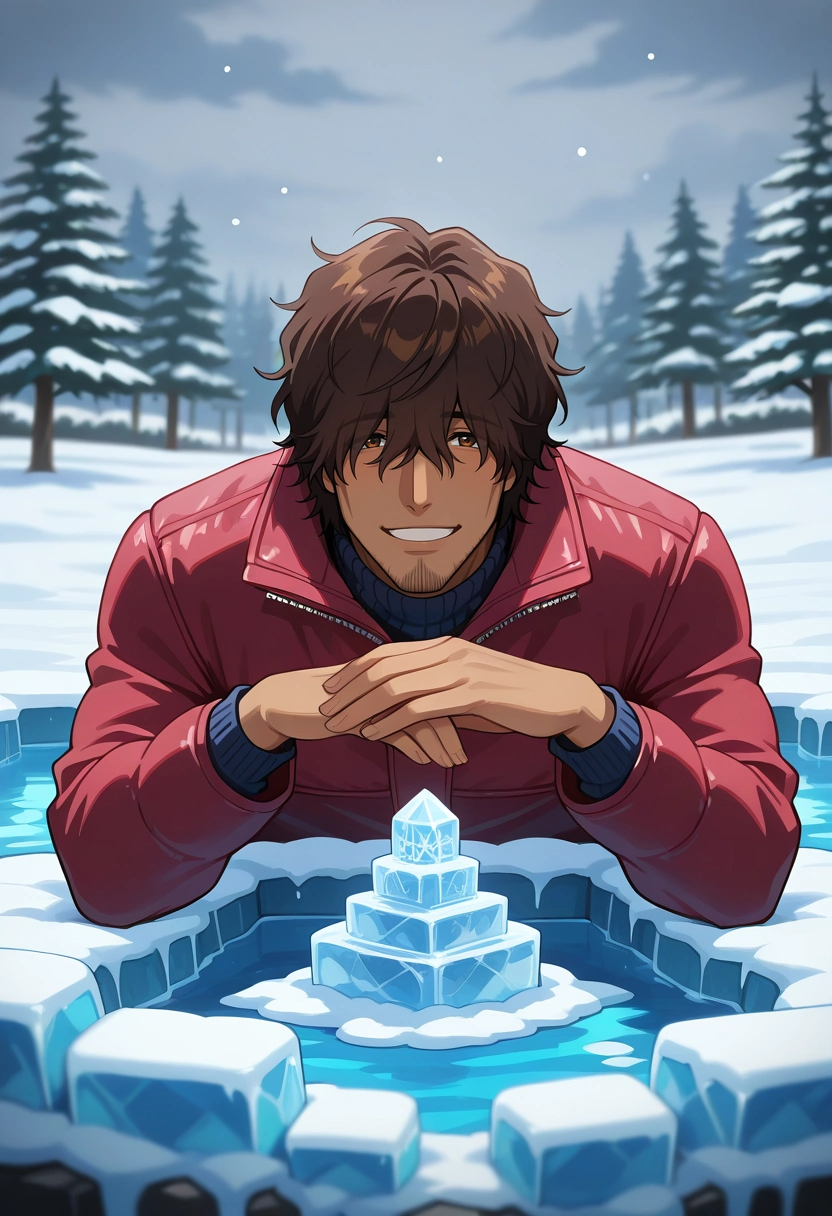 masterpiece, best quality, , , , depth of field, 1boy, solo, male focus, <lora:yasutora_sado_ilxl:0.92>, yasutora_sado, brown hair, brown eyes, short hair, dark-skinned male, dark skin, facial hair, stubble, hair over eyes, winter garden, ice sculptures, snow-covered trees, frozen pond, exploring pose, delighted expression, overcast, ,