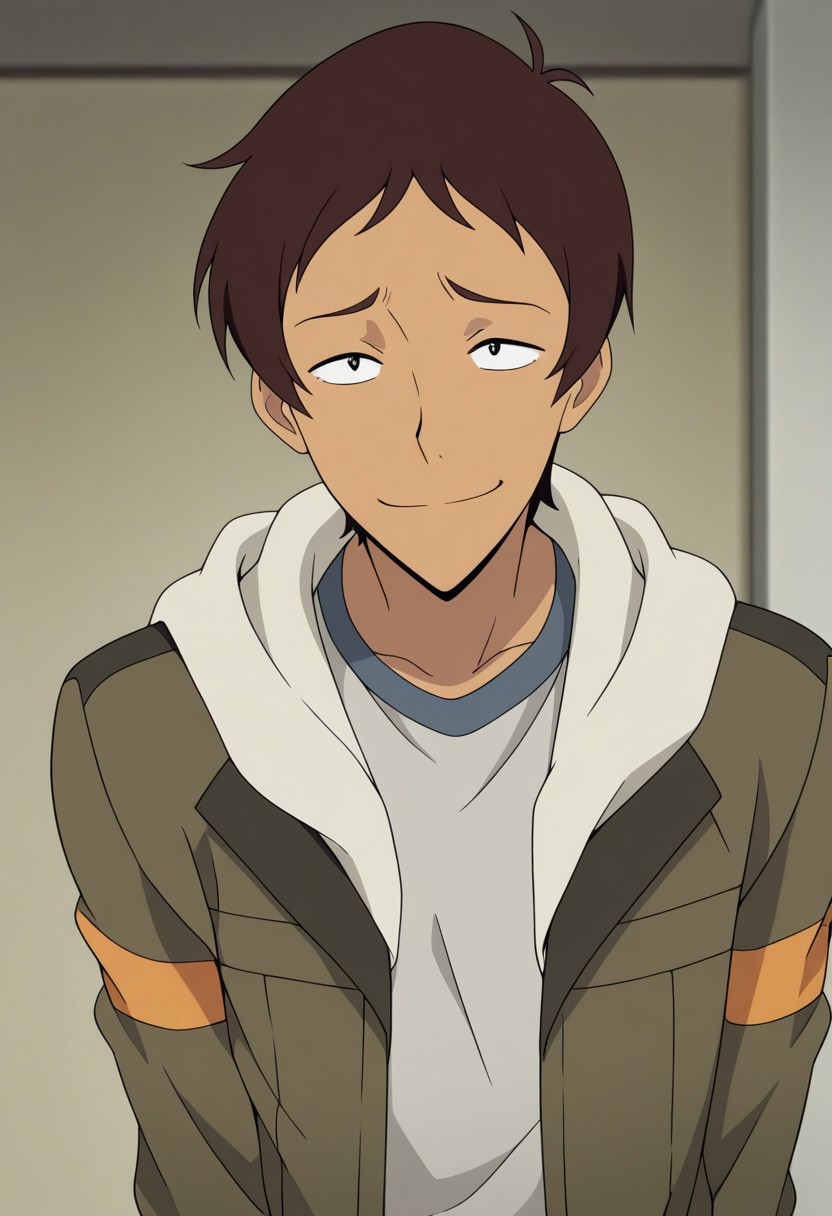 masterpiece,best quality,amazing quality, source_anime, 
lanciuv, 1boy, male focus, solo, dark skin, dark-skinned male, brown hair, forehead, shirt, grey shirt, jacket, green jacket, hood, open jacket, smile,