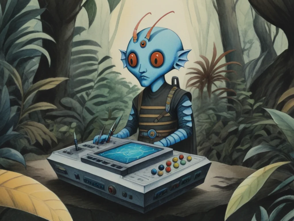 2d retro illustration, watercolor, pencil crayon, longsword and Changeling's Mimicry Jungle with control console and Sulfur Deposit Areas
simple face detail <lora:Fantastic_Planet_XL01:1.0>