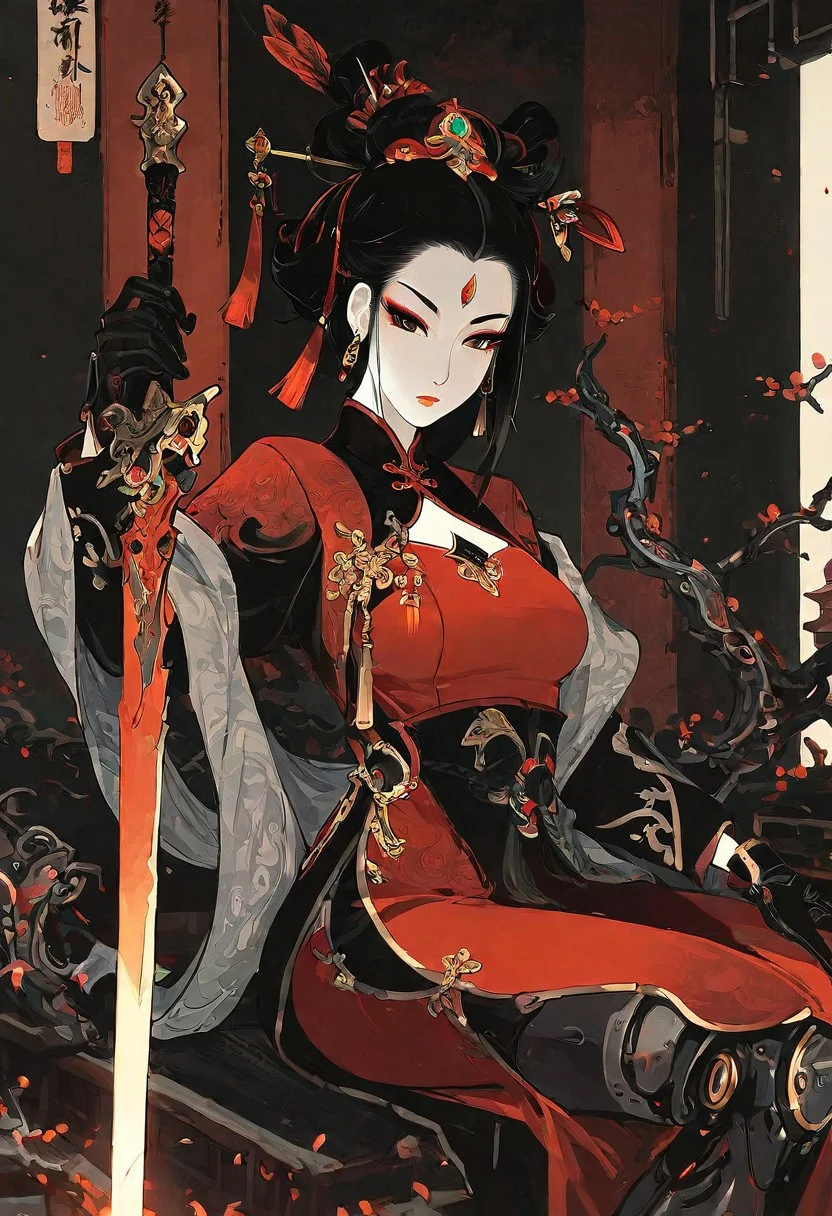 masterpiece, best quality, amazing quality, 1girl, solo, breasts, looking at viewer, black hair, long sleeves, hair ornament, gloves, dress, holding, closed mouth, sitting, weapon, earrings, black gloves, holding armor, makeup, holding sword, chinese clothes, facial mark, red dress, tassel, gem, lipstick, pale skin, multicolored clothes, eyeshadow, shawl, forehead mark, eyeliner, red lips, hair stick, mechanical arms, forehead jewel, red eyeshadow, planted, planted sword, updo, tassel hair ornament, mechanical legs, Cinematic Lighting, ukiyo-e