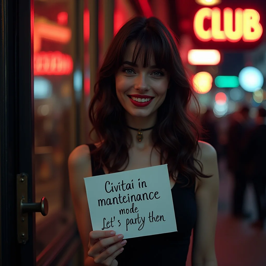 SFW image, beautiful 24 year old woman, <S353_KylaCole:0.80>, slim figure, red-burgundy pronounced lips, light smile, theeth, dark brown hair, swept bangs, long hair, medium round breasts,
cinematic film still, clear blue eyes, looking glamorous. Luxury black cocktail dress, epic, gorgeous, full body shot, standing at entrance of posh luxury night club, legs crossed, neon lights, crowd on street, rating_safe,
cool color tone, depth of field, 35mm, showing to viewer a white board "Civitai in manteinance mode Let's party then" written on board in lipstick