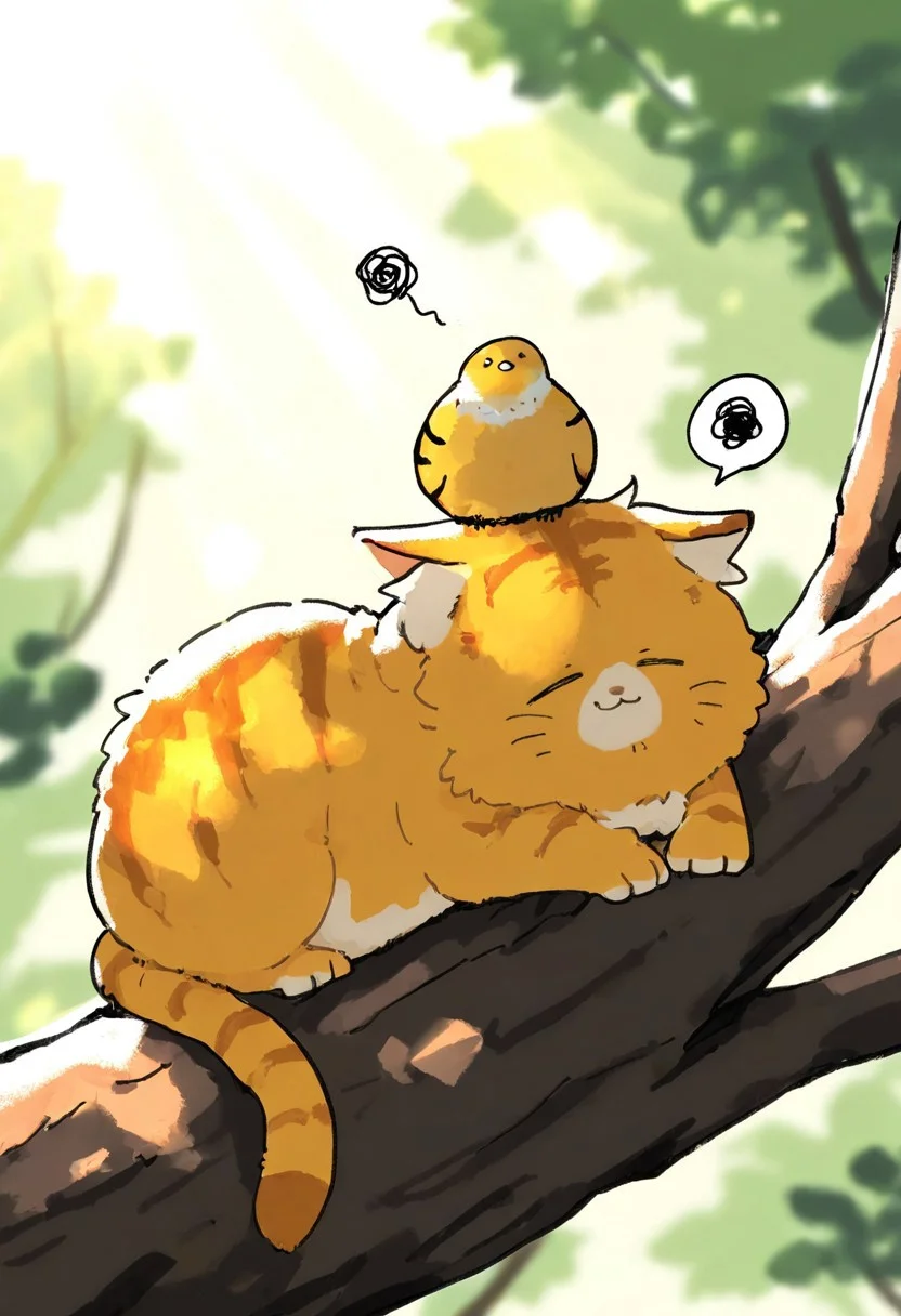 chii-kun \(seedyoulater\), naguru \(cyoroama\), 
very awa, masterpiece, highres, absurdres, newest, year 2024, year 2023, 
(cat:1.2), tiger-cat, (no humans:1.1), sleepy, paws, fur, (cute:1.2), comfy, solo, on stomach, 
on tree, lying on branch, =_=, :3, spoken squiggle, (bird's nest on head:1.2), head tilt, 
day, sunlight, sunrays, single fang, fang out, 
<lora:TA_trained:0.75>, <lora:ponyv4_noob1_2_adamW-000017:0.33>, <lora:shiroski:0.75>,