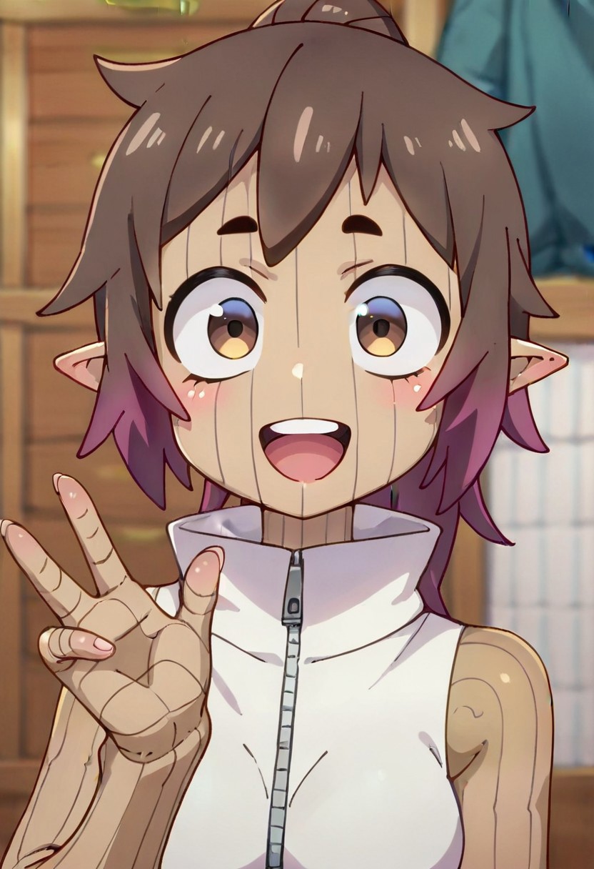 score_9, score_8_up, score_7_up, source_anime, lovenet, looking at viewer, :d, hand up, blush, zipper pull tab, pointy ears, upper teeth only, POV, smile, open mouth